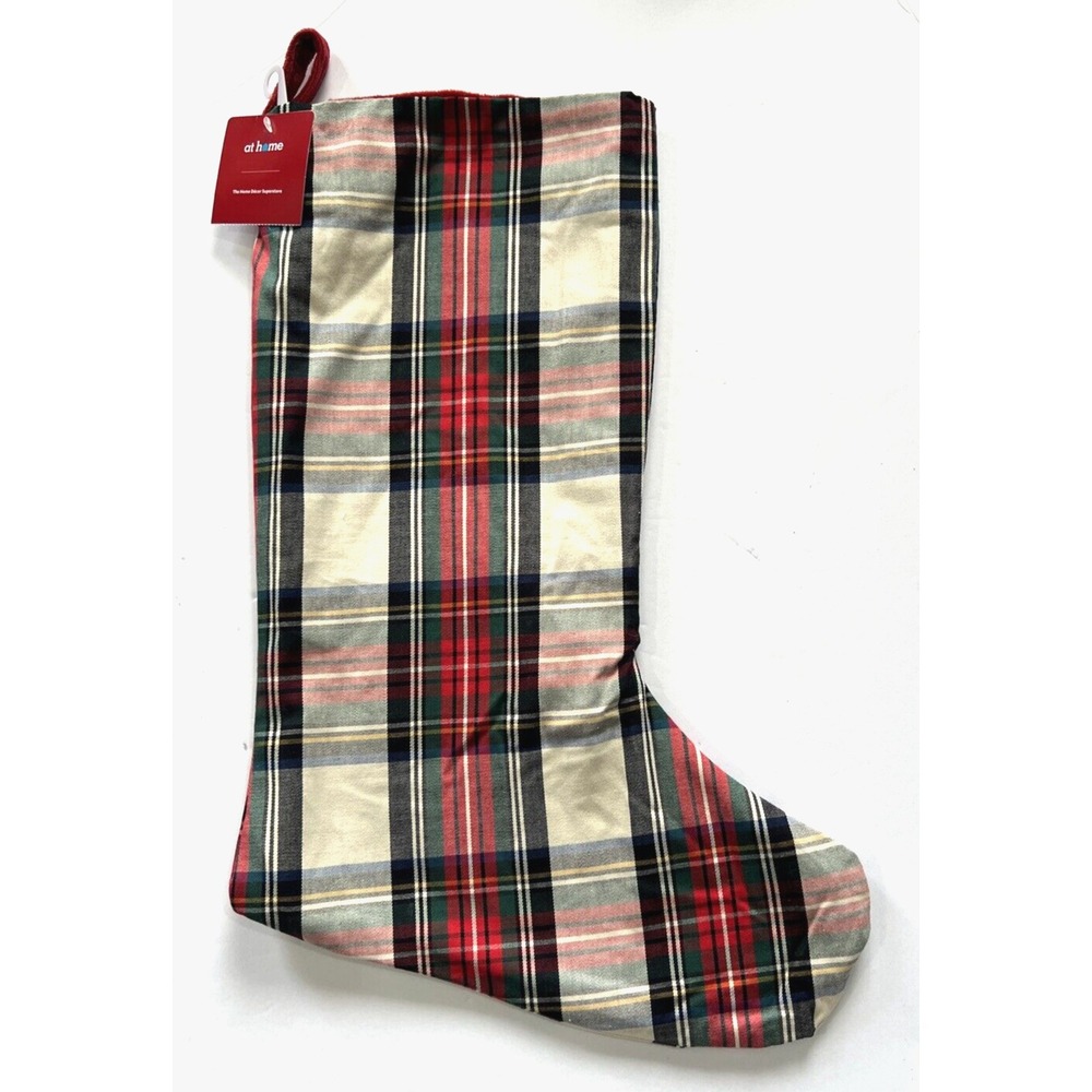 At Home Christmas Stocking Reversible 20" Plaid Red Black White Green Holiday
